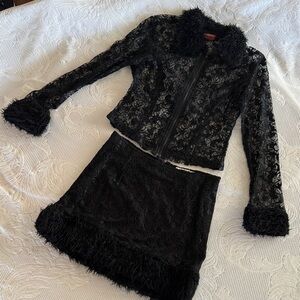 Vintage! From Melrose late 80s Black Lace Jacket & Skirt Set with Fake Fur Trim!